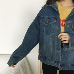 Basic Collar Dark Blue Vintage Denim Jean Jacket