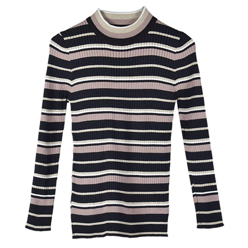 Basic Colors Stripes Lines Knit Slim Long Sleeve Shirt