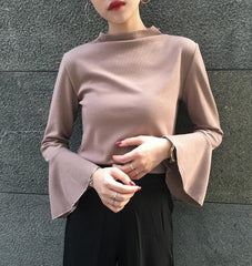 Basic Flared Long Sleeve Pastel Color Blouse