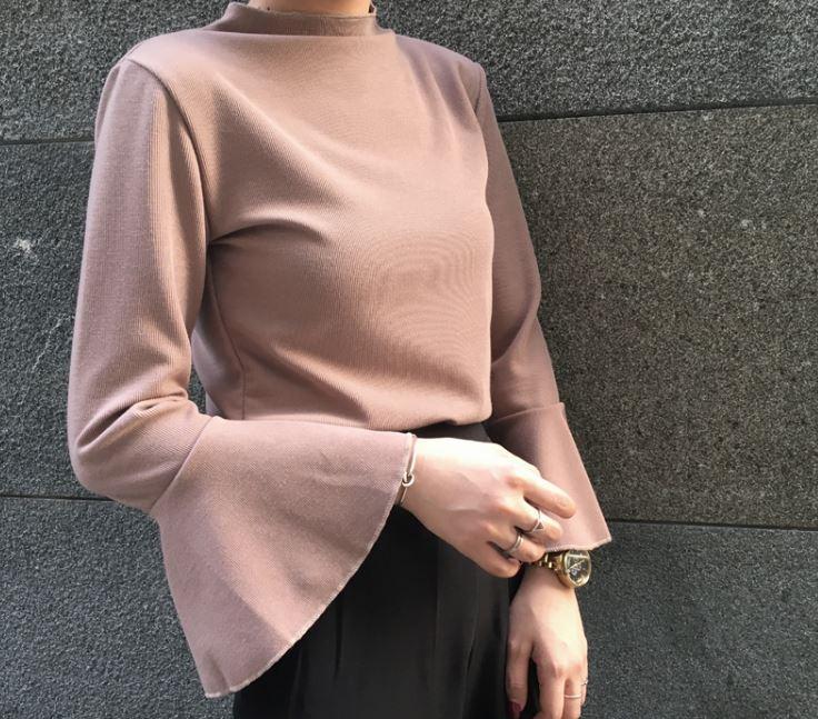 Basic Flared Long Sleeve Pastel Color Blouse