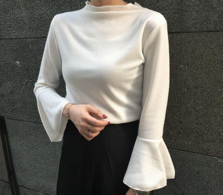 Basic Flared Long Sleeve Pastel Color Blouse