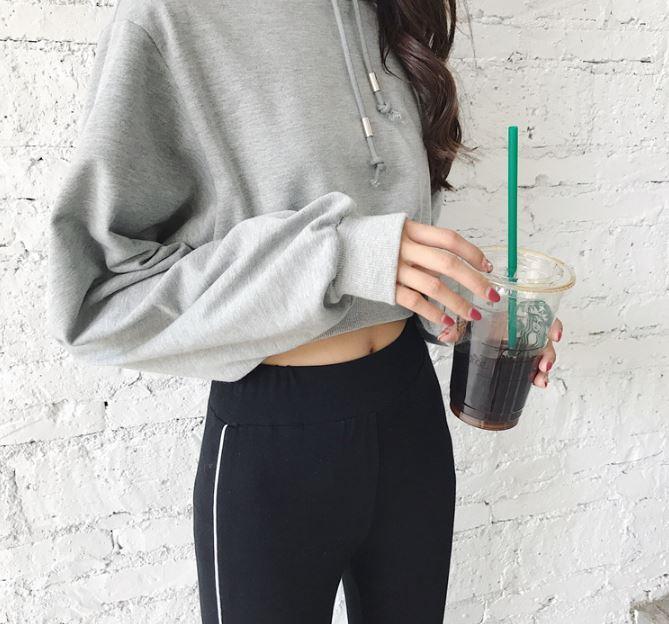 Basic Gray Black Cropped Hooded Sweatshirt