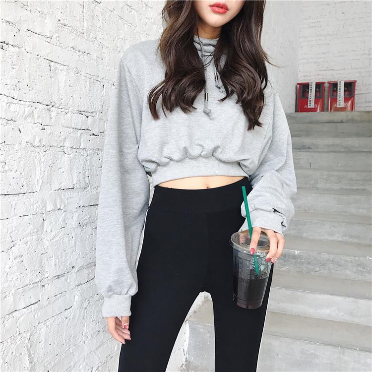 Basic Gray Black Cropped Hooded Sweatshirt