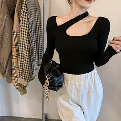 Basic Halter Hollow Out Long Sleeve Ribbed Top