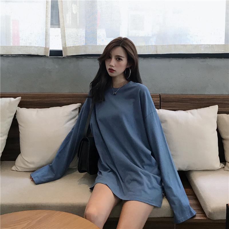 Basic Round Neck Solid Color Oversized Long Sleeve T-Shirt