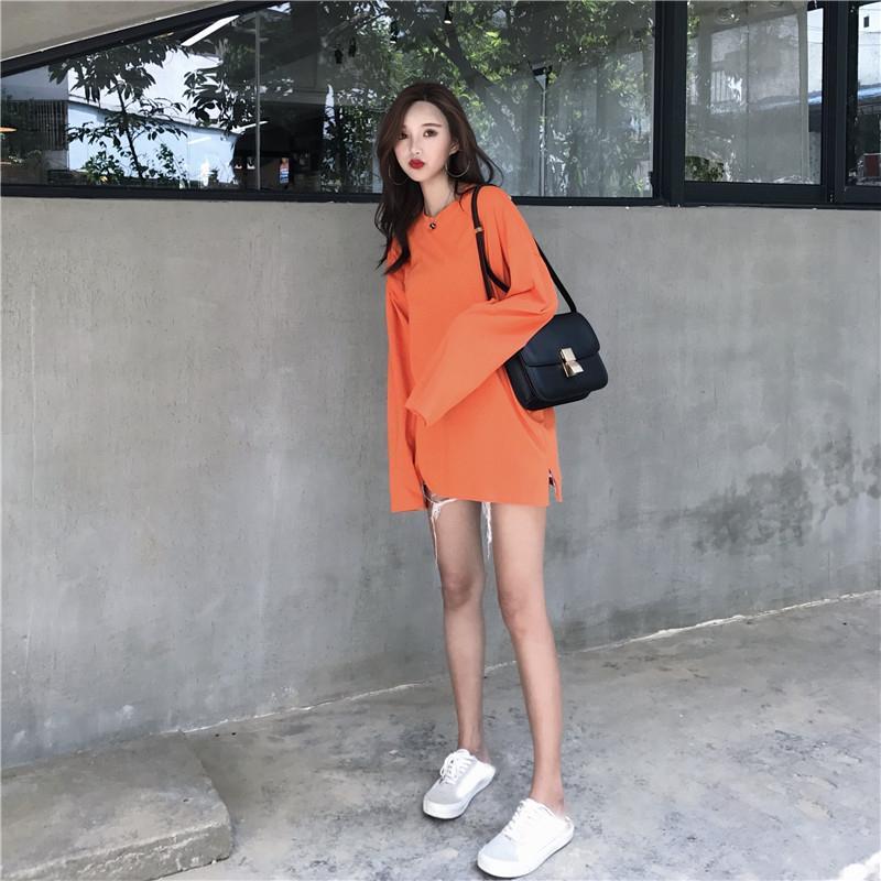 Basic Round Neck Solid Color Oversized Long Sleeve T-Shirt