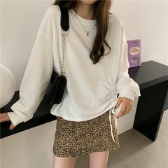 Basic Side Drawstring Sweatshirt + Leopard Short Skirt