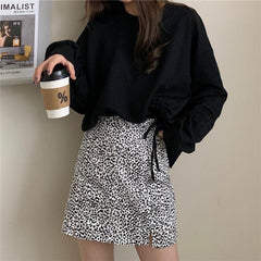 Basic Side Drawstring Sweatshirt + Leopard Short Skirt