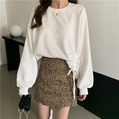 Basic Side Drawstring Sweatshirt + Leopard Short Skirt