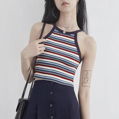 Basic Sleeveless Stripes Black Halter Cotton Top