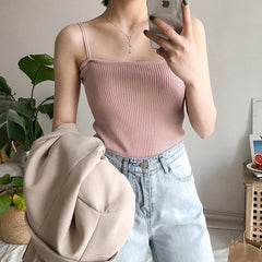 Basic Slim Thin Strapps Knit Pastel Colours Sleeveless Tops