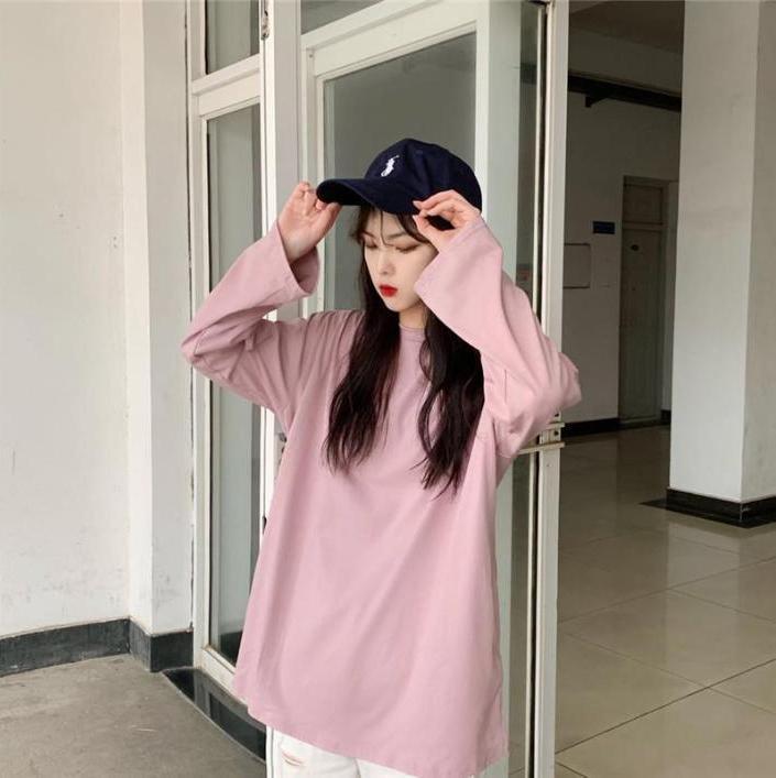 Basic Solid Color Round Neck Long Sleeve Loose T-Shirt