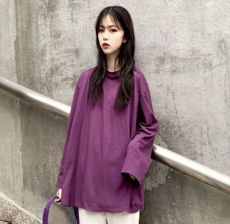 Basic Solid Color Round Neck Long Sleeve Loose T-Shirt