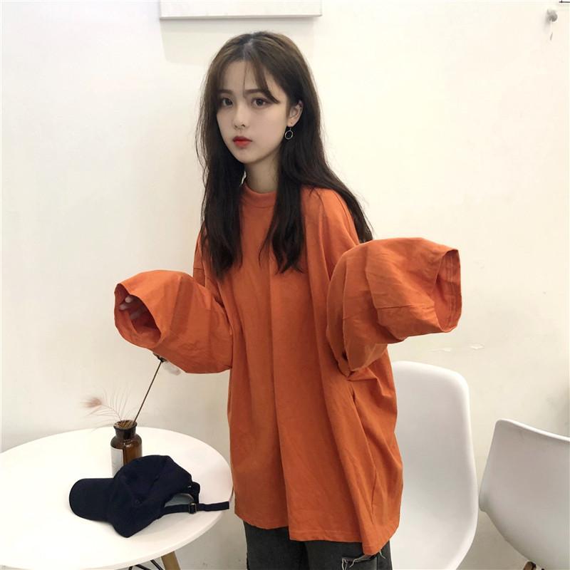 Basic Solid Color Round Neck Long Sleeve Loose T-Shirt