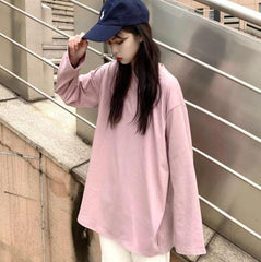 Basic Solid Color Round Neck Long Sleeve Loose T-Shirt