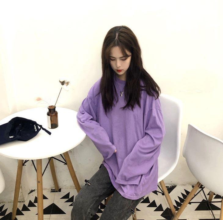 Basic Solid Color Round Neck Long Sleeve Loose T-Shirt