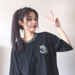 Bear And Rabbit Patch Black Color Edge T-Shirt