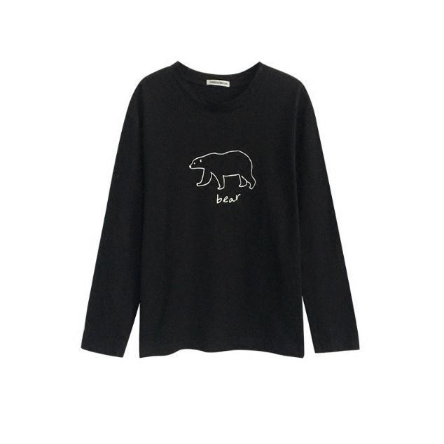 Bear Shape Letters Print White Black Cotton Long Sleeve