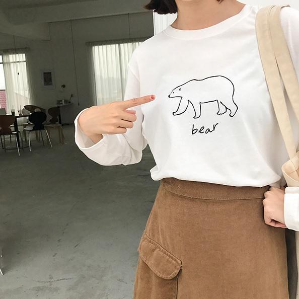 Bear Shape Letters Print White Black Cotton Long Sleeve