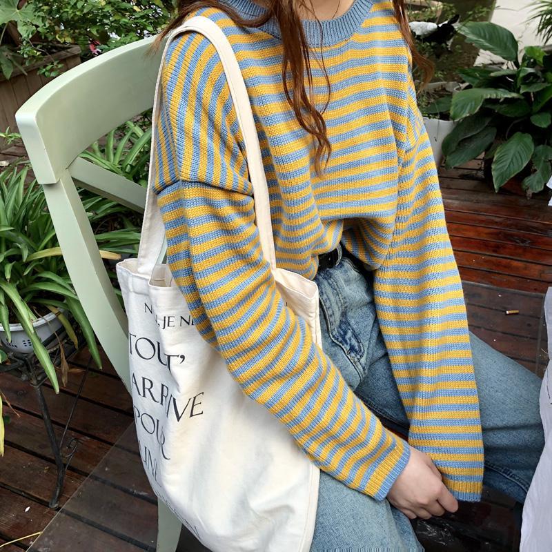 Bee Style Yellow Blue Stripes Knit Warm Sweater