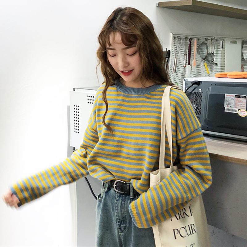 Bee Style Yellow Blue Stripes Knit Warm Sweater