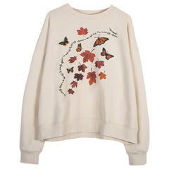 Beige Autumn Aesthetic Butterfly Print Loose Sweatshirt