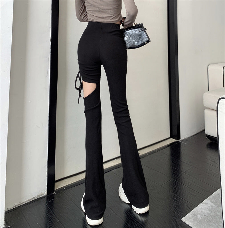 Beige Black Thigh Hole Slim Thin Flared Pants