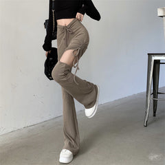 Beige Black Thigh Hole Slim Thin Flared Pants