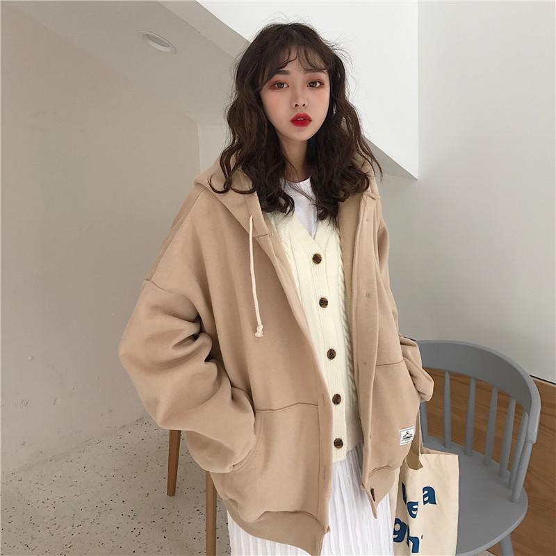 Beige Buttons Loose Hooded Sweater