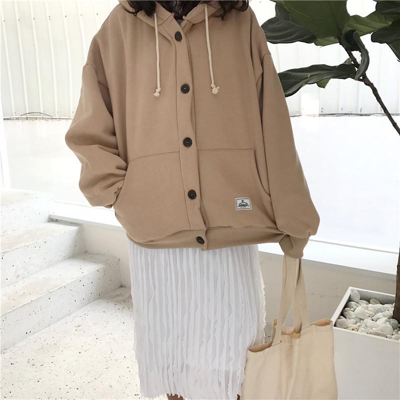 Beige Buttons Loose Hooded Sweater