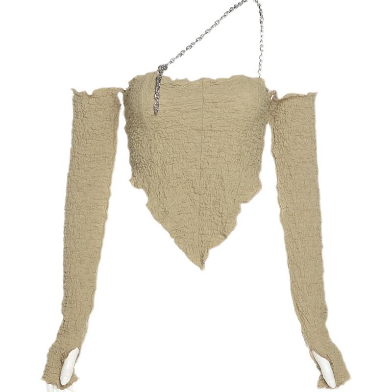 Beige Chain Strap Crumpled Paper Style Top With Sleeves