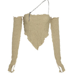 Beige Chain Strap Crumpled Paper Style Top With Sleeves