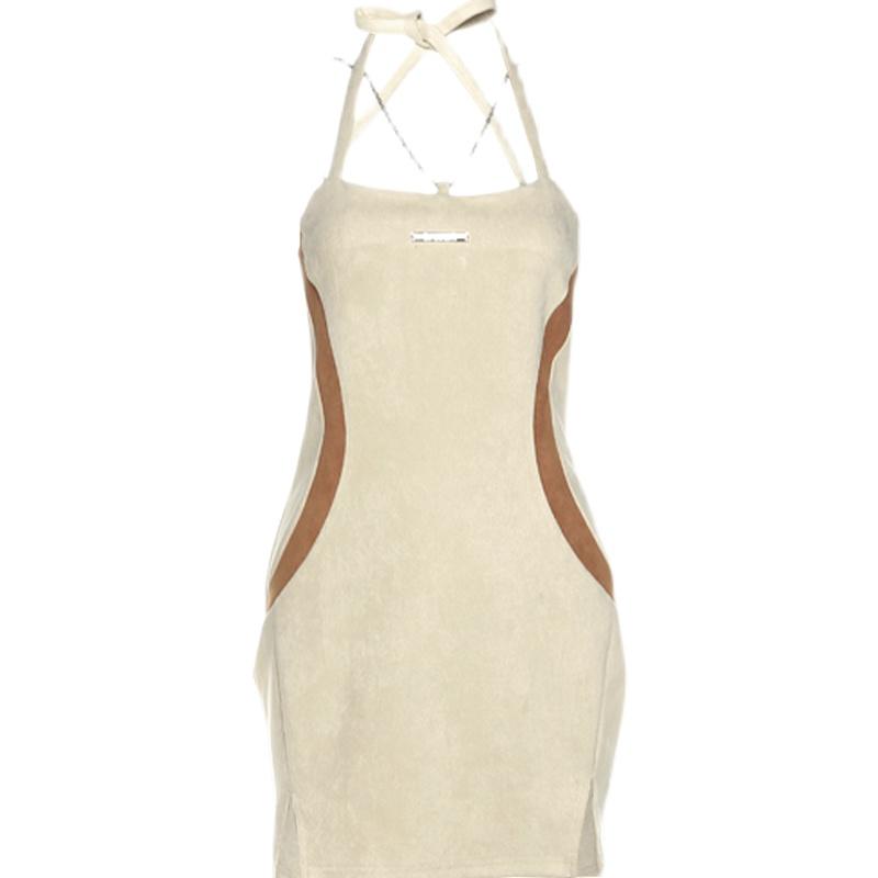 Beige Contrast Lines Halter Straps Chain Slim Mini Dress