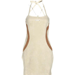 Beige Contrast Lines Halter Straps Chain Slim Mini Dress