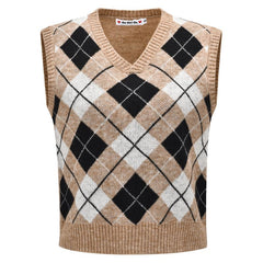 Beige Diamond Pattern College Style Knit Sweater Vest