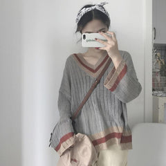 Beige Gray Vintage V-Neck Loose Thin Sweater