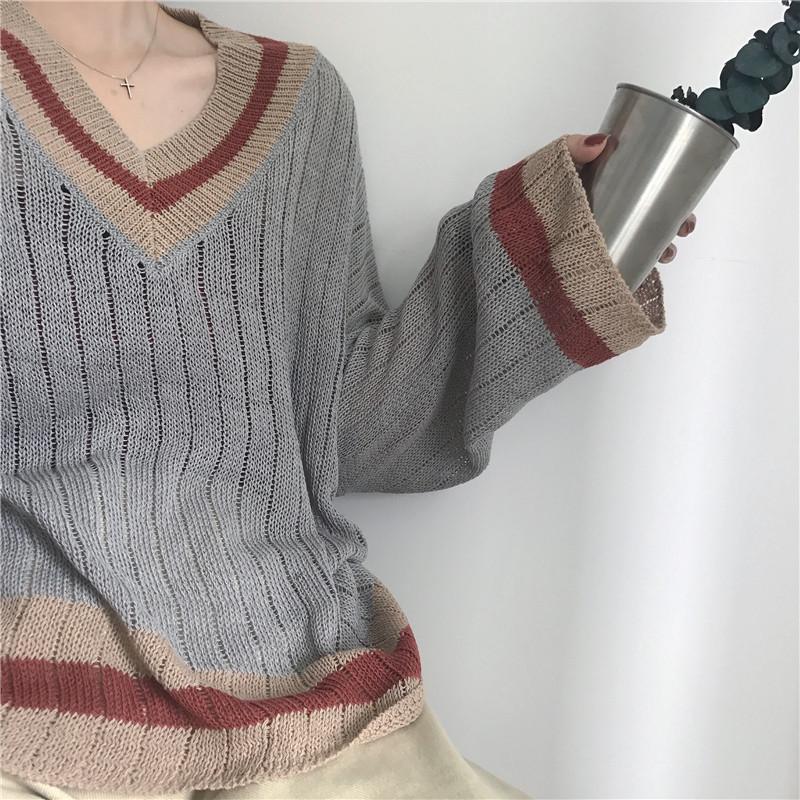 Beige Gray Vintage V-Neck Loose Thin Sweater