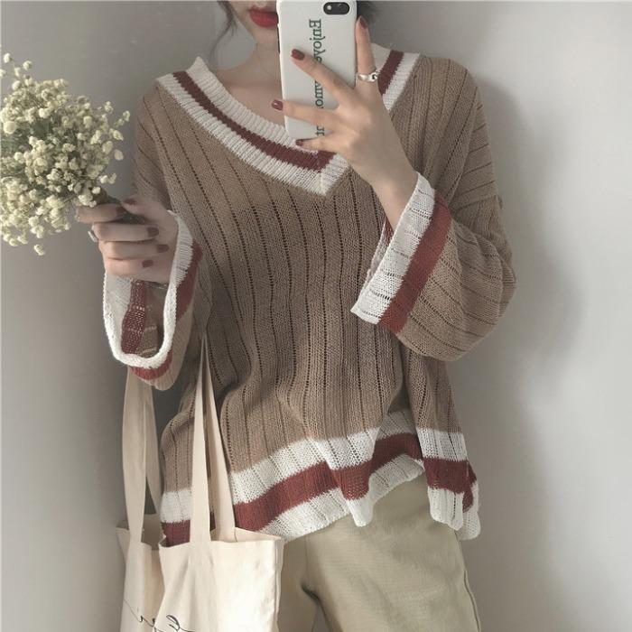 Beige Gray Vintage V-Neck Loose Thin Sweater