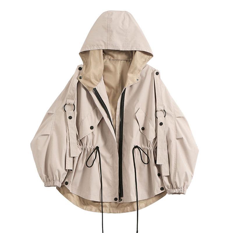 Beige Hooded Windbreaker Elastic Waist Jacket