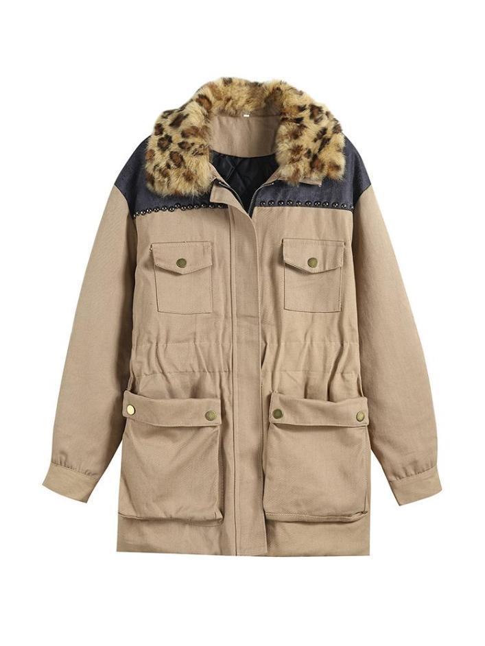 Beige Leopard Collar Elbow Patches Elastic Waist Hooded Coat