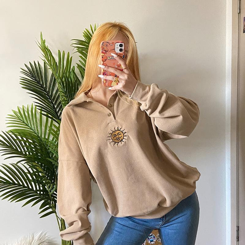 Beige Retro Sun Embroidery Polo Collar Loose Pullover