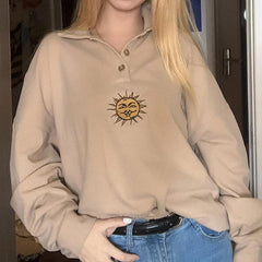 Beige Retro Sun Embroidery Polo Collar Loose Pullover