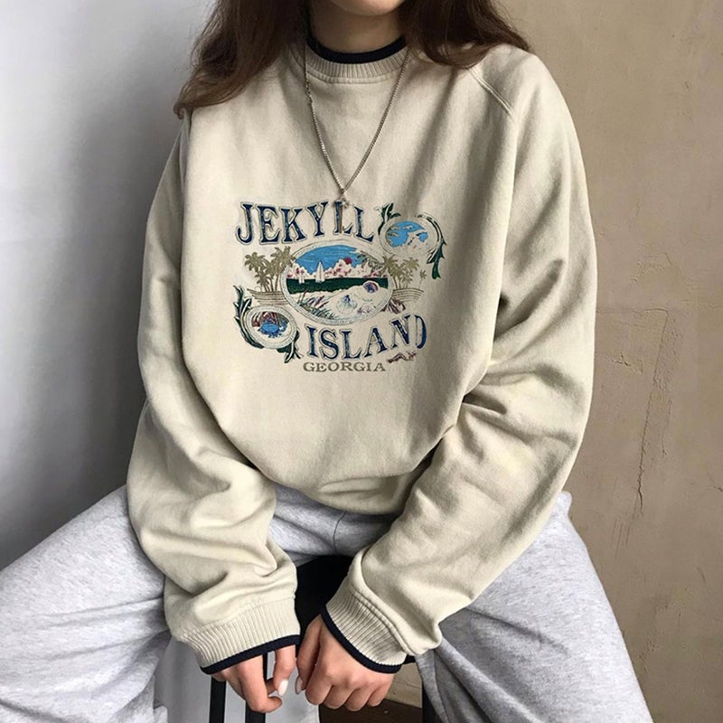 Beige Vintage Us States Print Oversized Sweatshirt