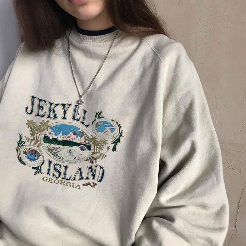 Beige Vintage Us States Print Oversized Sweatshirt