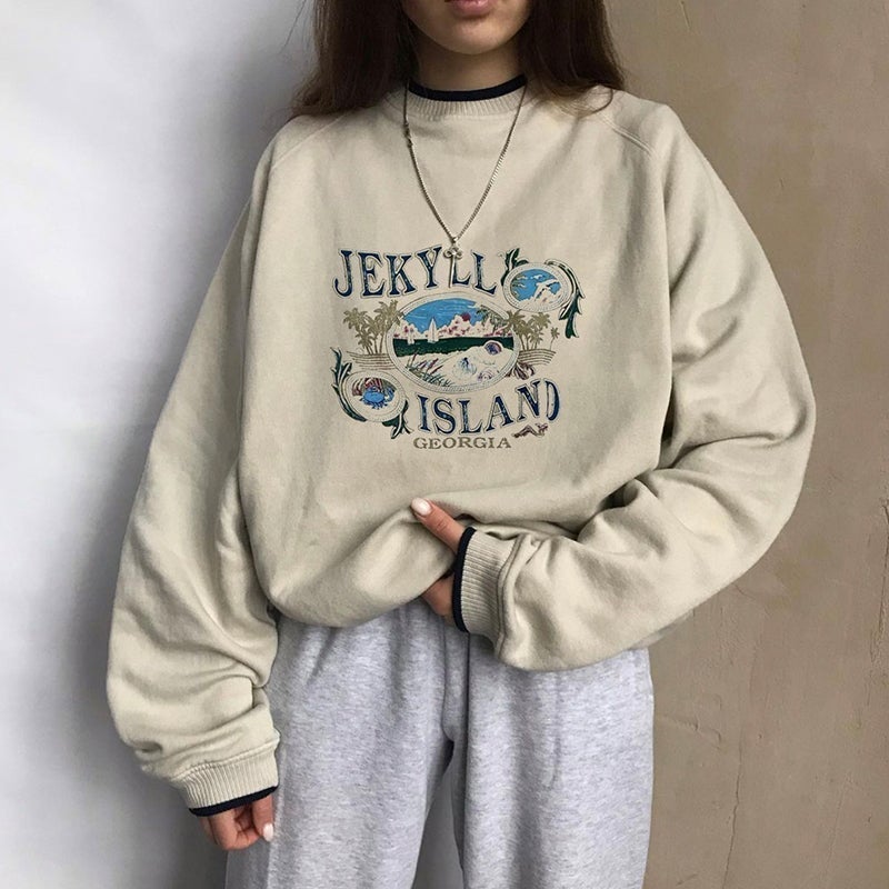 Beige Vintage Us States Print Oversized Sweatshirt