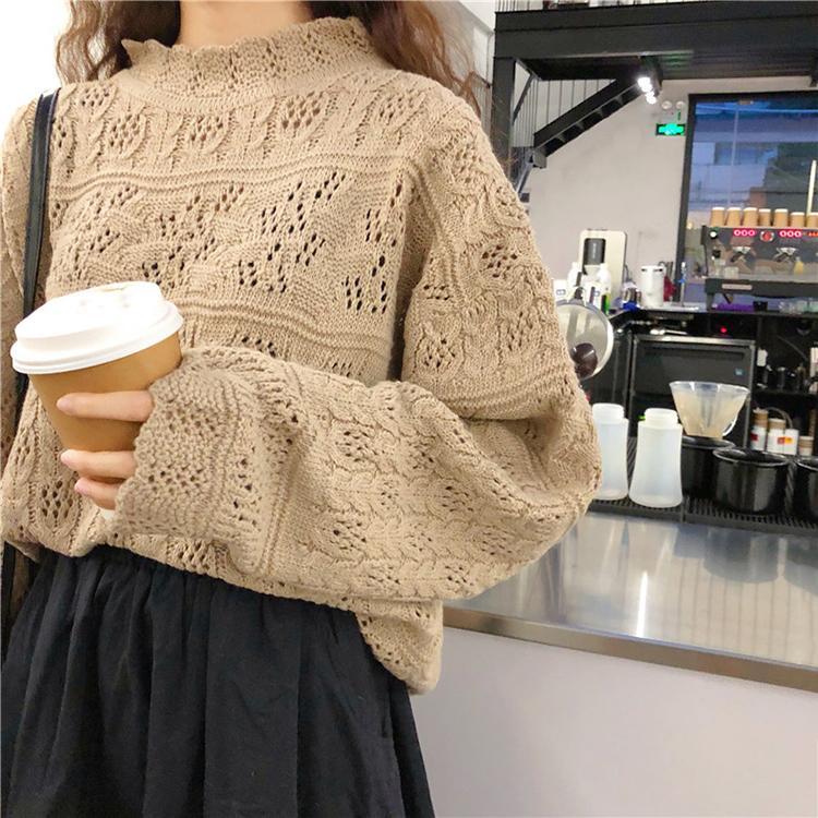 Beige White Knit Long Sleeve Holes Sweater