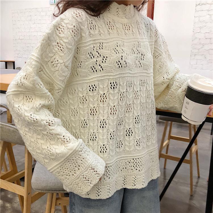 Beige White Knit Long Sleeve Holes Sweater