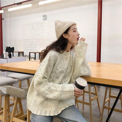 Beige White Knit Long Sleeve Holes Sweater