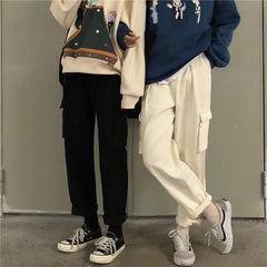 Big Pockets Korean Aesthetic Beige Black Oversized Pants