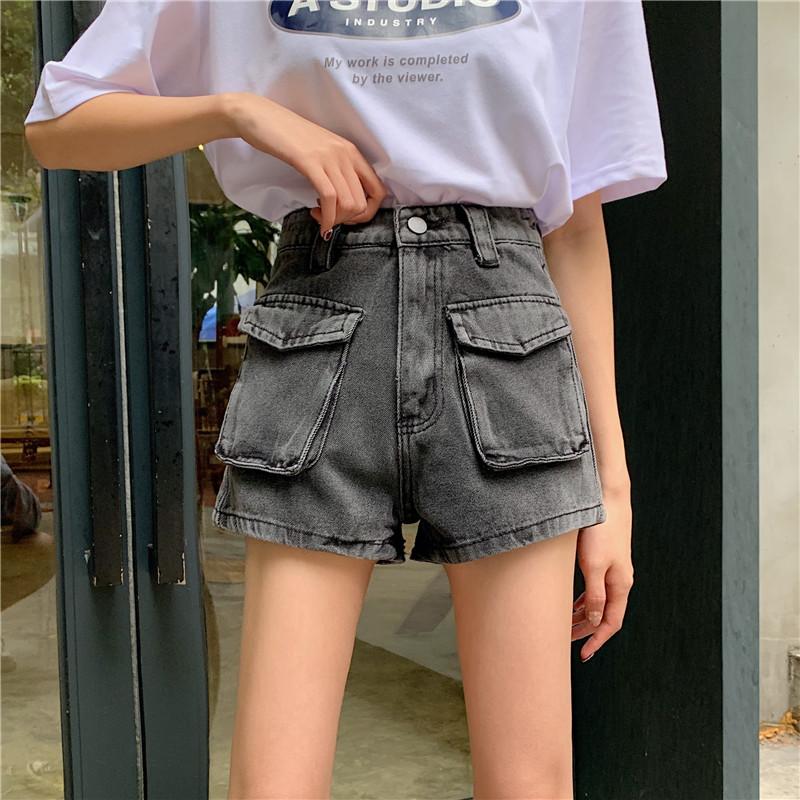 Big Retro Pockets Washed Black Blue Denim Shorts